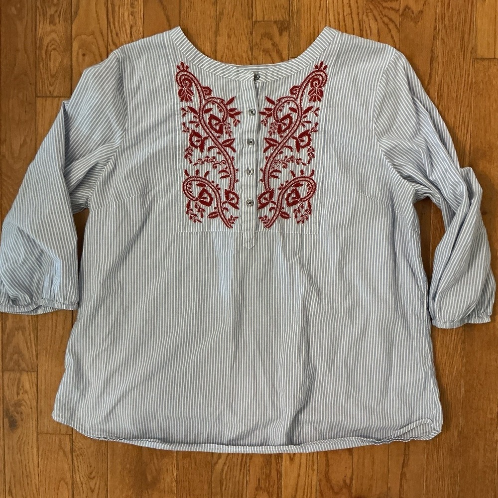 Talbots Womens Small Blue White Striped Floral Embroidered Cotton Blouse Top XL